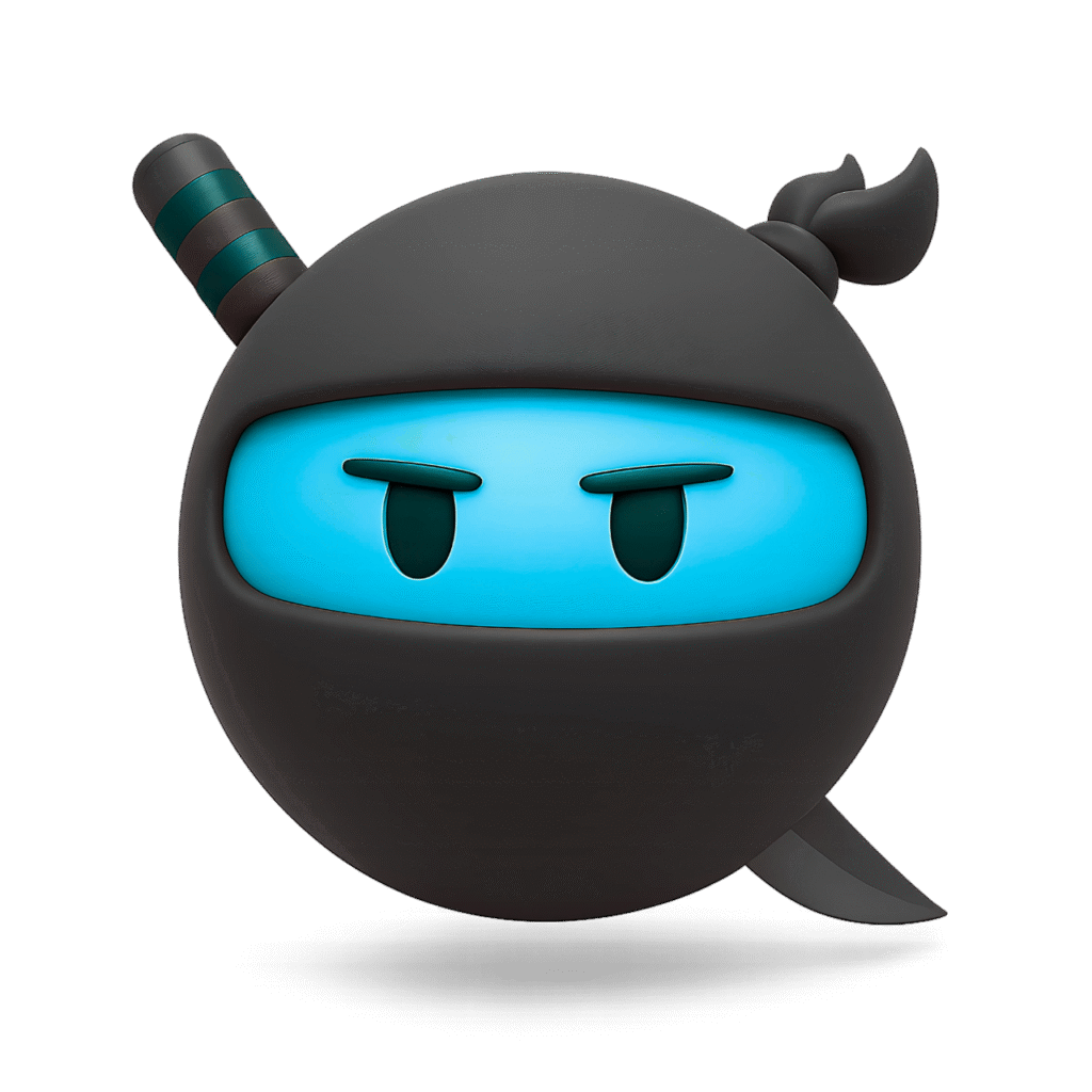 3D cartoon ninja emoji with angry eyes, black mask, and blue glowing face panel, isolated on transparent background.