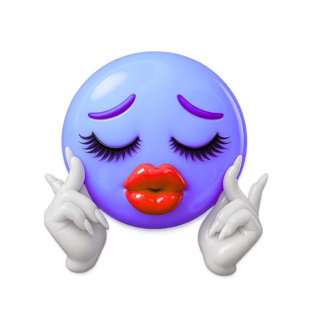Purple emoji with kissy red lips, long eyelashes, and stylish white-gloved hands in flirty pose