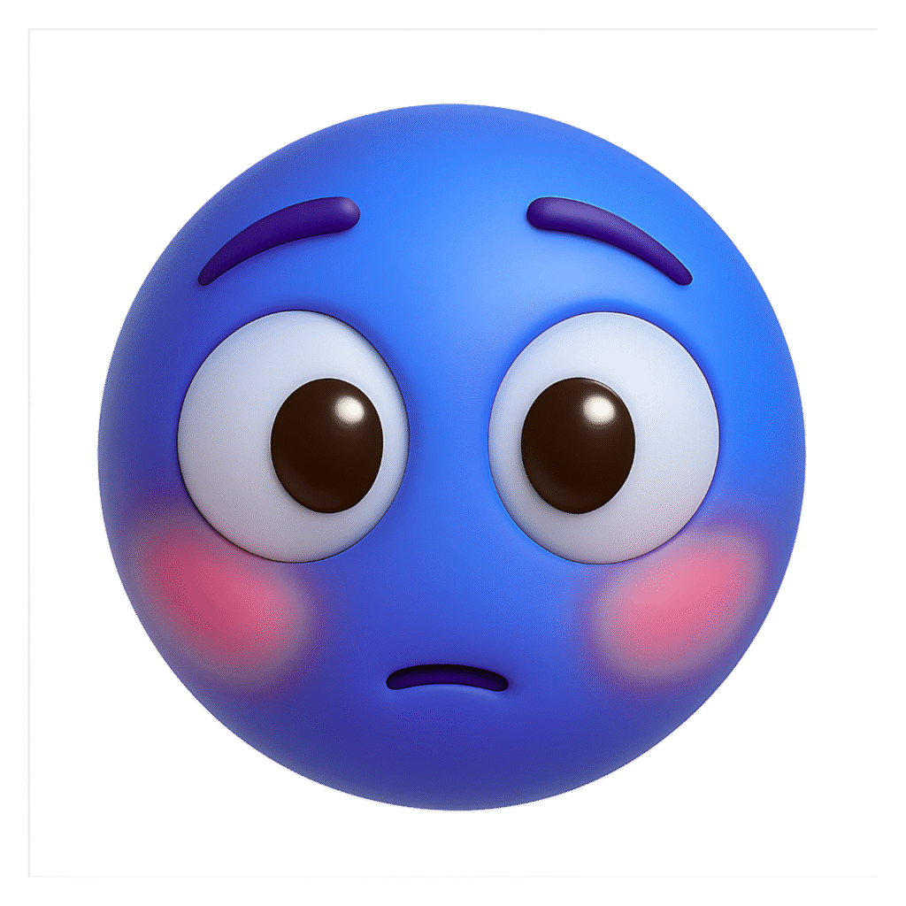 "3D Blue Sus Emoji Face with Big Eyes and Blushing Cheeks PNG Clipart on Transparent Background"