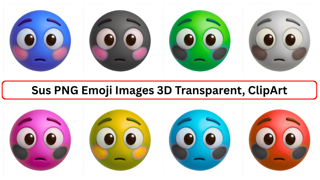 "Set of 8 Sus Emoji Faces – 3D Transparent ClipArt in Multiple Colors (Blue, Black, Green, White, Pink, Yellow, Aqua, Red)"