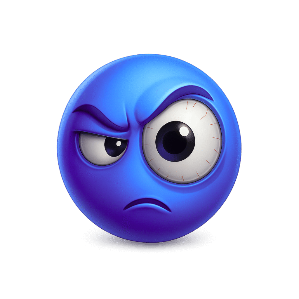 3D suspicious emoji with a blue glossy spherical face, one eye wide open and bloodshot, expressing intense doubt and mistrust