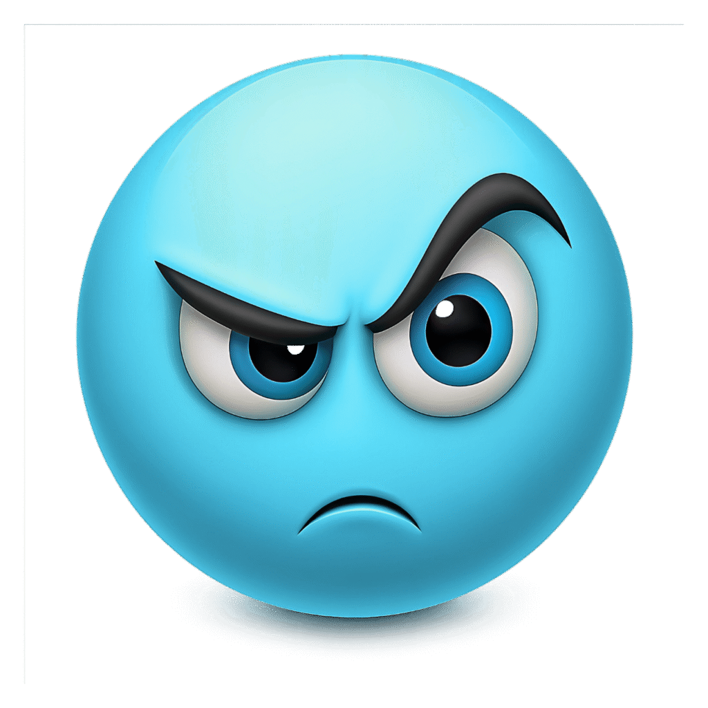 3D Suspicious Blue Emoji Face with Angry Eyebrows and Frown – Transparent PNG ClipArt