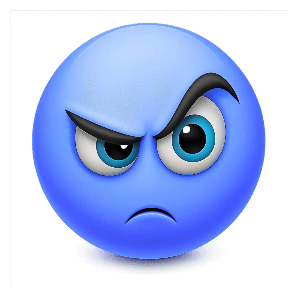 3D Suspicious Smiley Face PNG with raised eyebrows and angry expression on transparent background