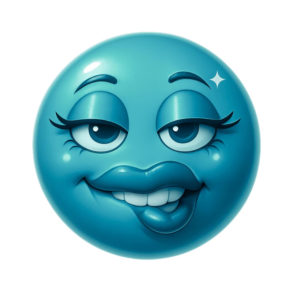 Teal blue 3D emoji with biting lip, glossy finish, flirtatious eyes, long lashes, and star sparkle