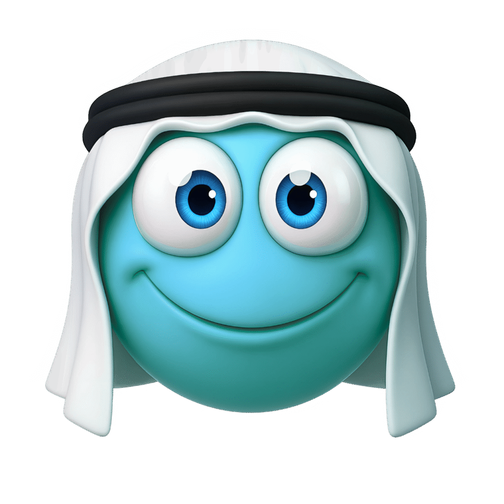Teal blue emoji with big blue eyes wearing a white keffiyeh and smiling