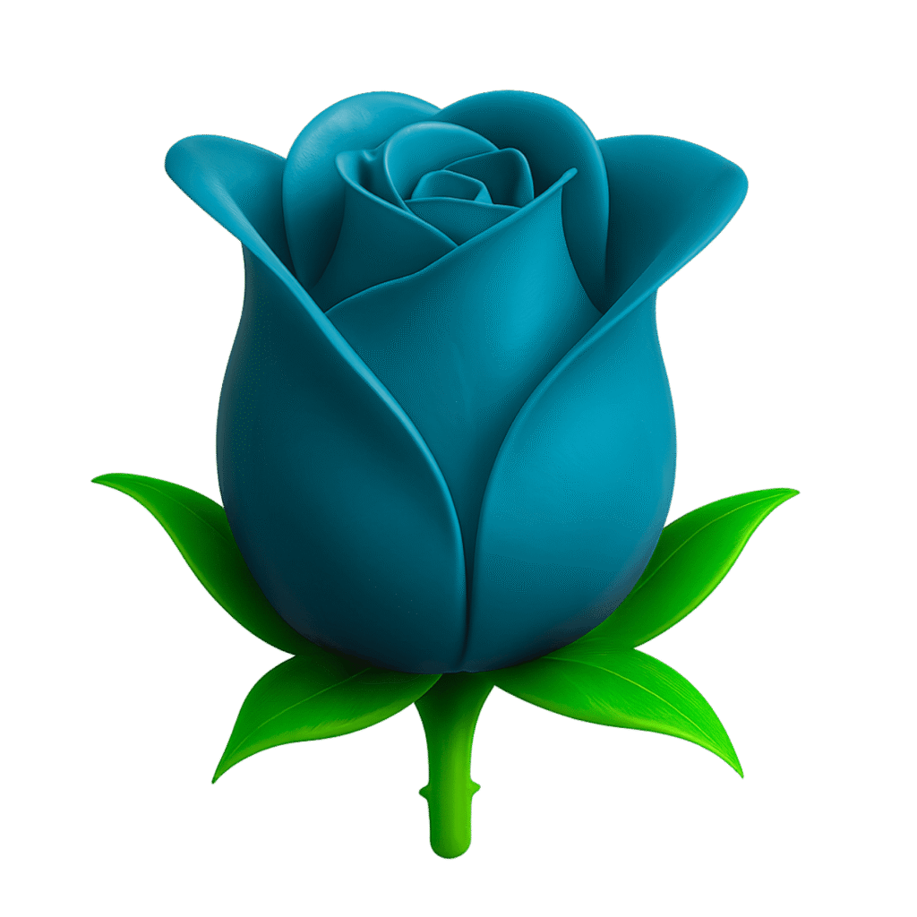 Teal blue rose emoji with green stem and leaves – elegant floral PNG clipart on transparent background