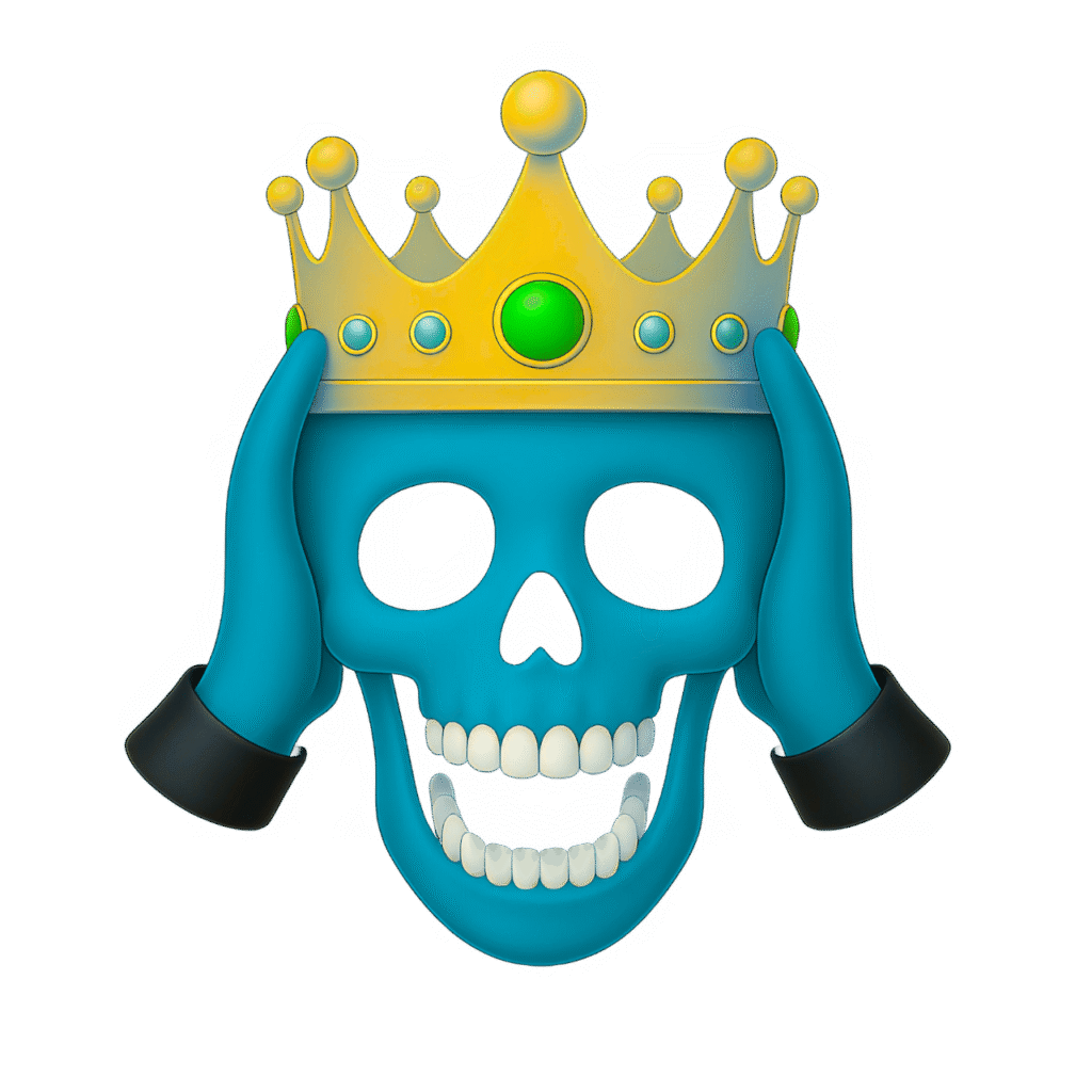 Teal skull emoji with a golden crown and teal-gloved hands on a transparent background – bold, stylized ClipArt for graphic design and digital projects.