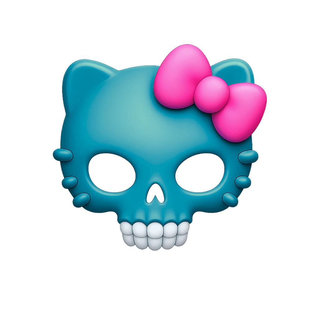 Teal Hello Kitty Skull Emoji PNG with Pink Bow – Transparent Background ClipArt for Aesthetic & Emo Designs