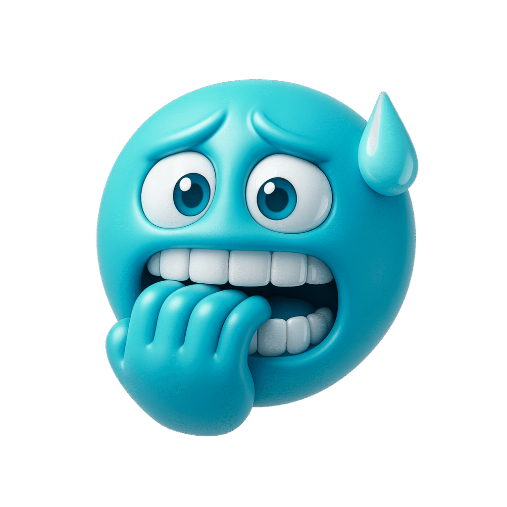 3D teal emoji nervously biting nails with anxious expression and sweat drop