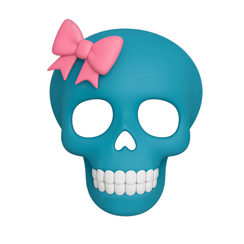 Teal blue skull emoji with a soft pink bow, designed on a transparent background. Perfect for girly Halloween graphics, digital planners, and fun emoji-style artwork.