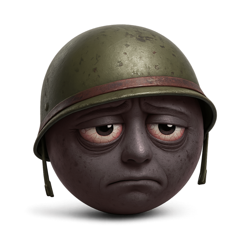 3D cartoon emoji with a sad expression and a military helmet, showing a tired thousand-yard stare