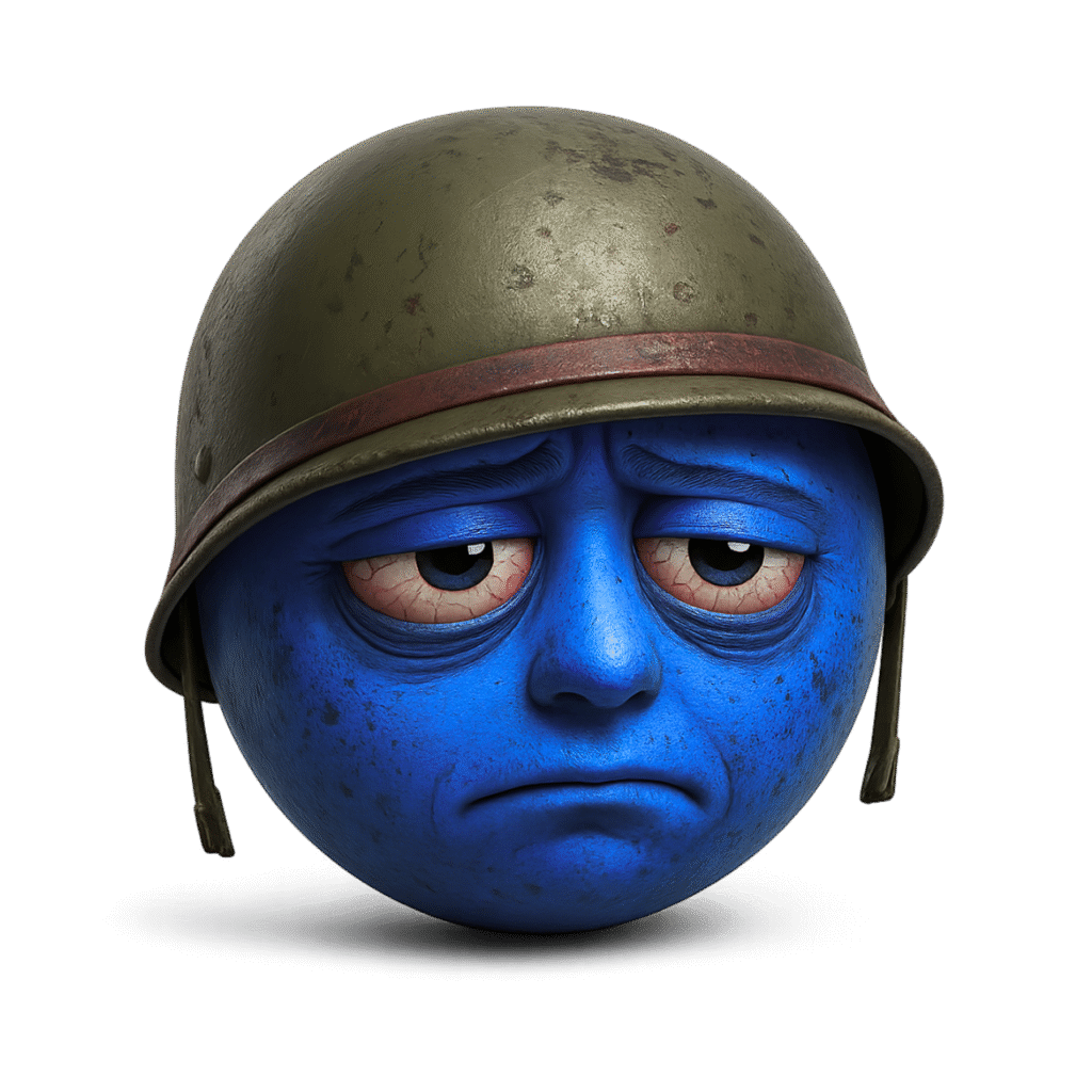 A 3D blue emoji with a tired, emotionally drained expression, wearing a scratched olive-green military helmet. The emoji has bloodshot eyes, dark under-eye circles, a faint frown, and a thousand-yard stare. Realistic shading and grunge texture add depth to the face.