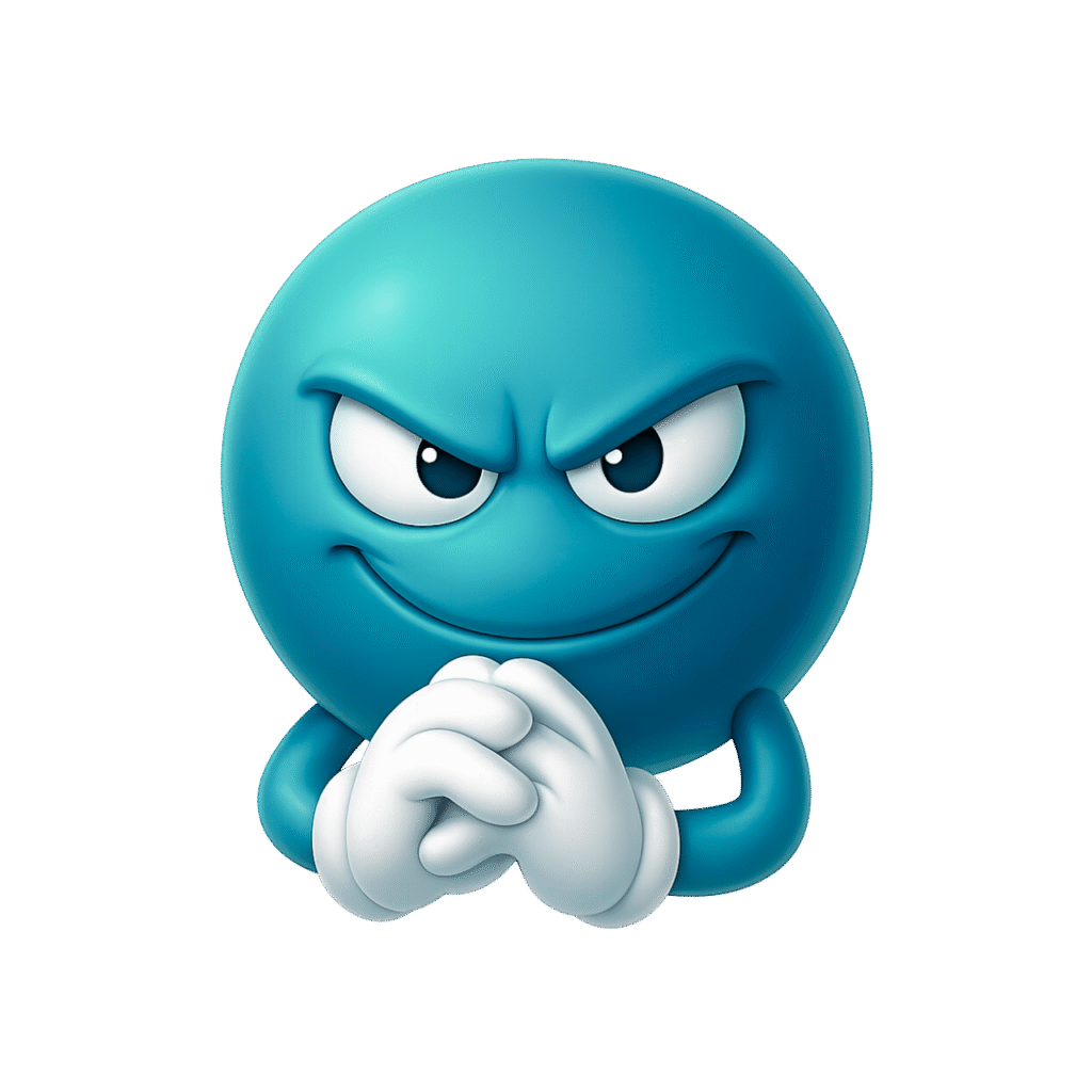 3D turquoise blue mischievous emoji with smirk and clasped hands on transparent background