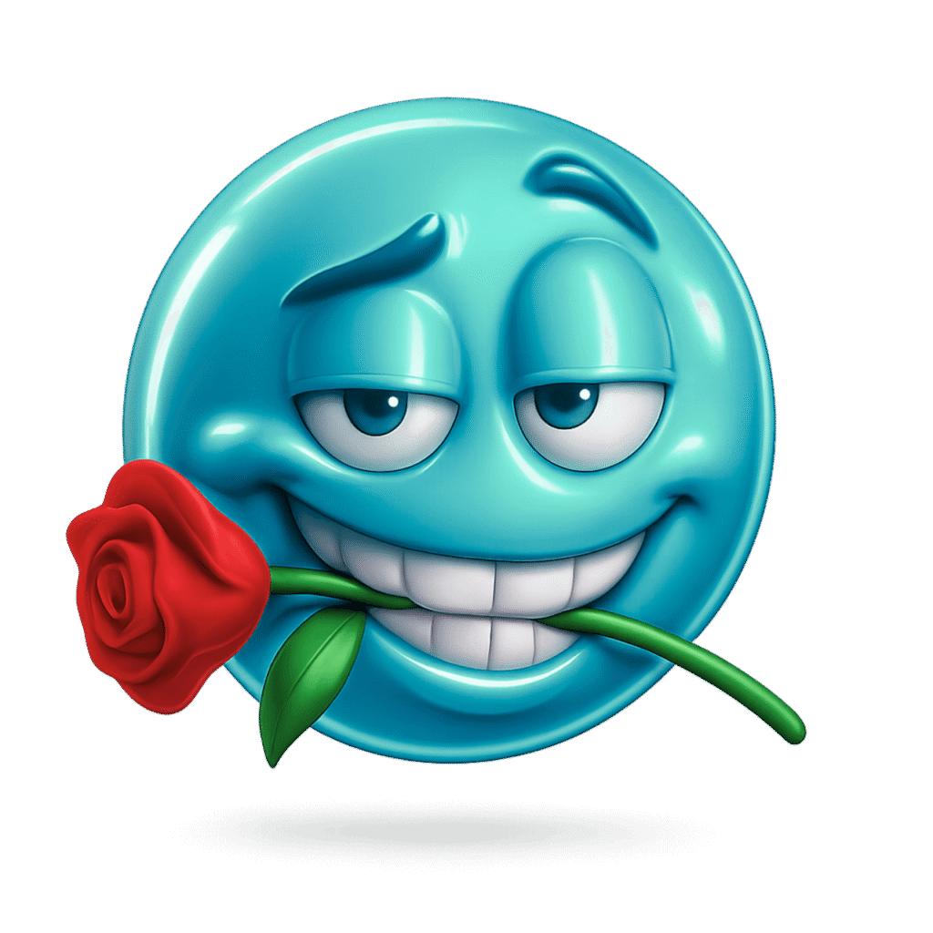Turquoise blue emoji face with smirk and red rose in mouth, perfect for flirty moods.