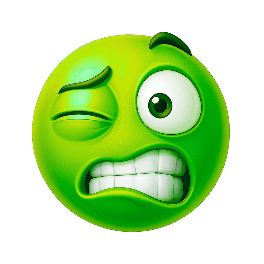 Green emoji face with twitching eye and clenched teeth expressing discomfort or awkward reaction