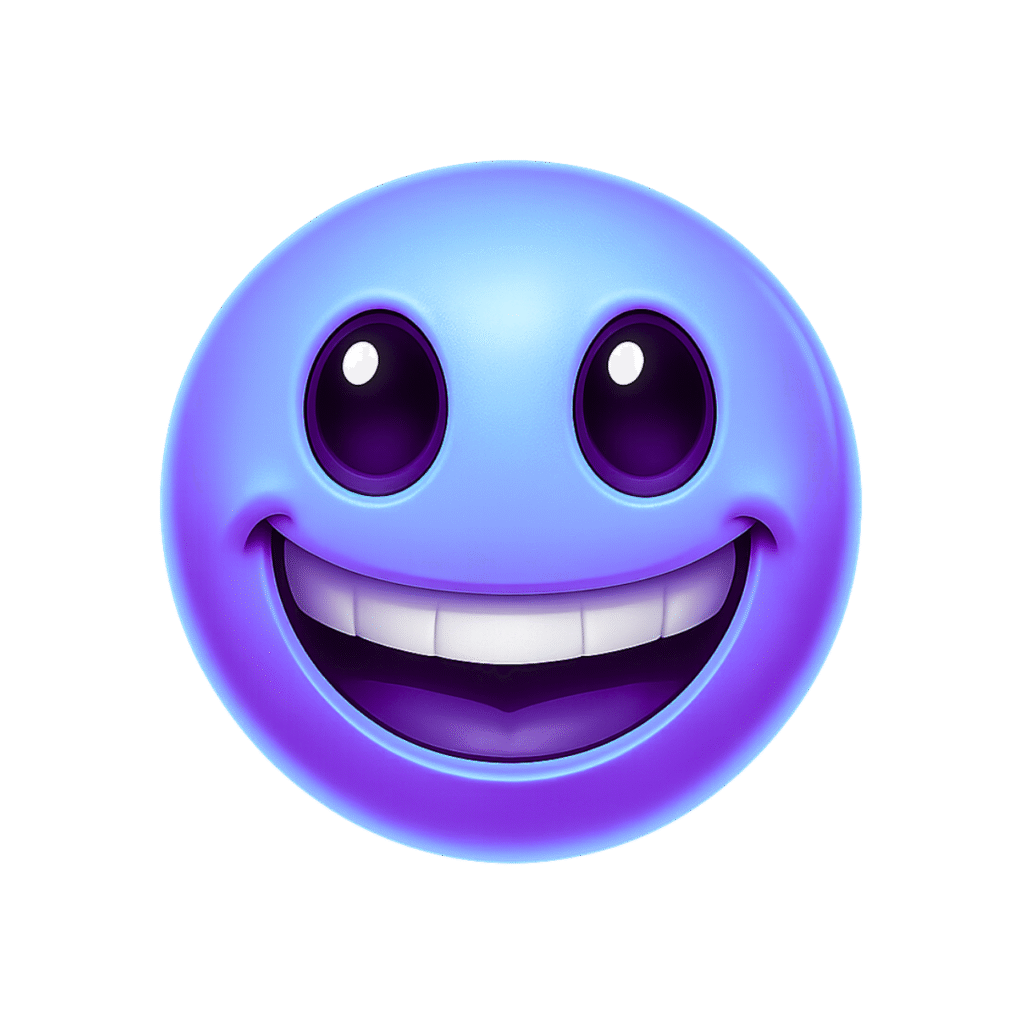 3D Happy Emoji Meme in Blue and Purple Colors with Big Smile and Glossy Eyes