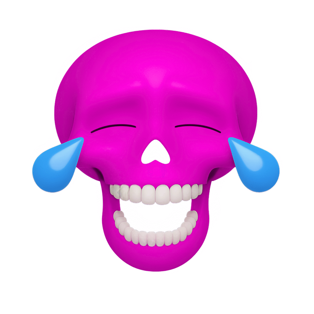 Pink skull emoji crying with laughter, featuring large blue teardrops and a wide open smile, on a transparent background.
