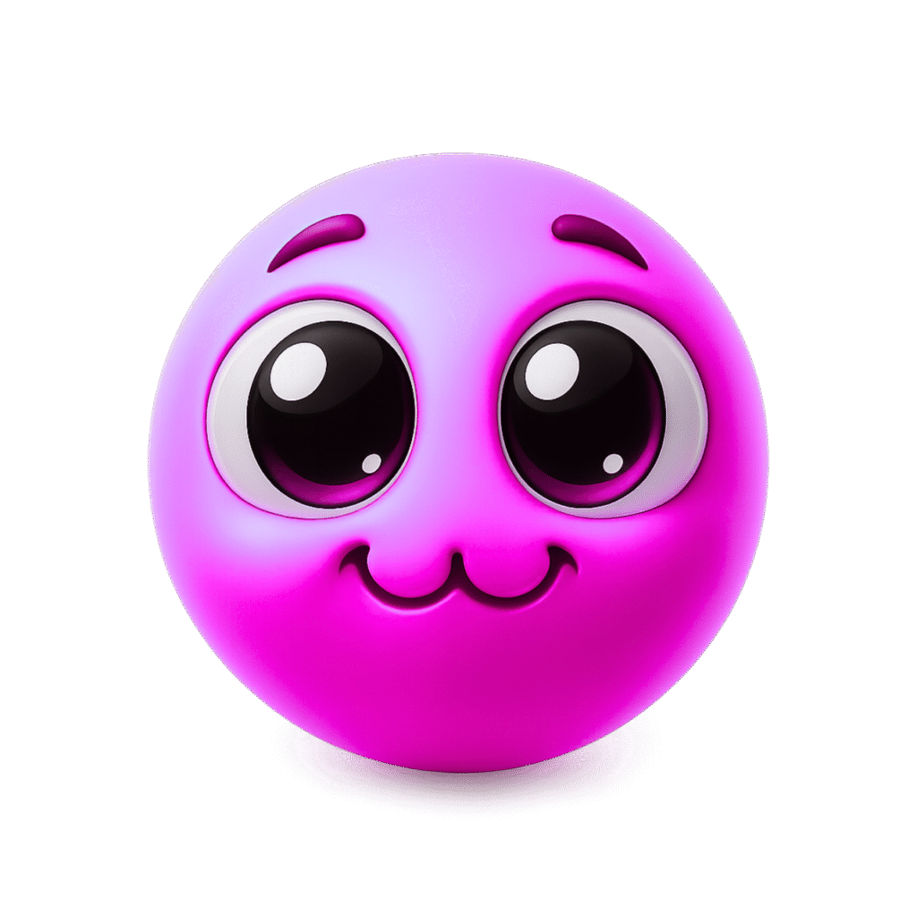 Glossy Purple 3D Emoji with Cute :3 Expression and Big Shiny Cartoon Eyes