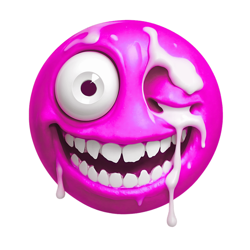 Crazy pink emoji with wide teethy smile, bulging eye, and dripping white goo