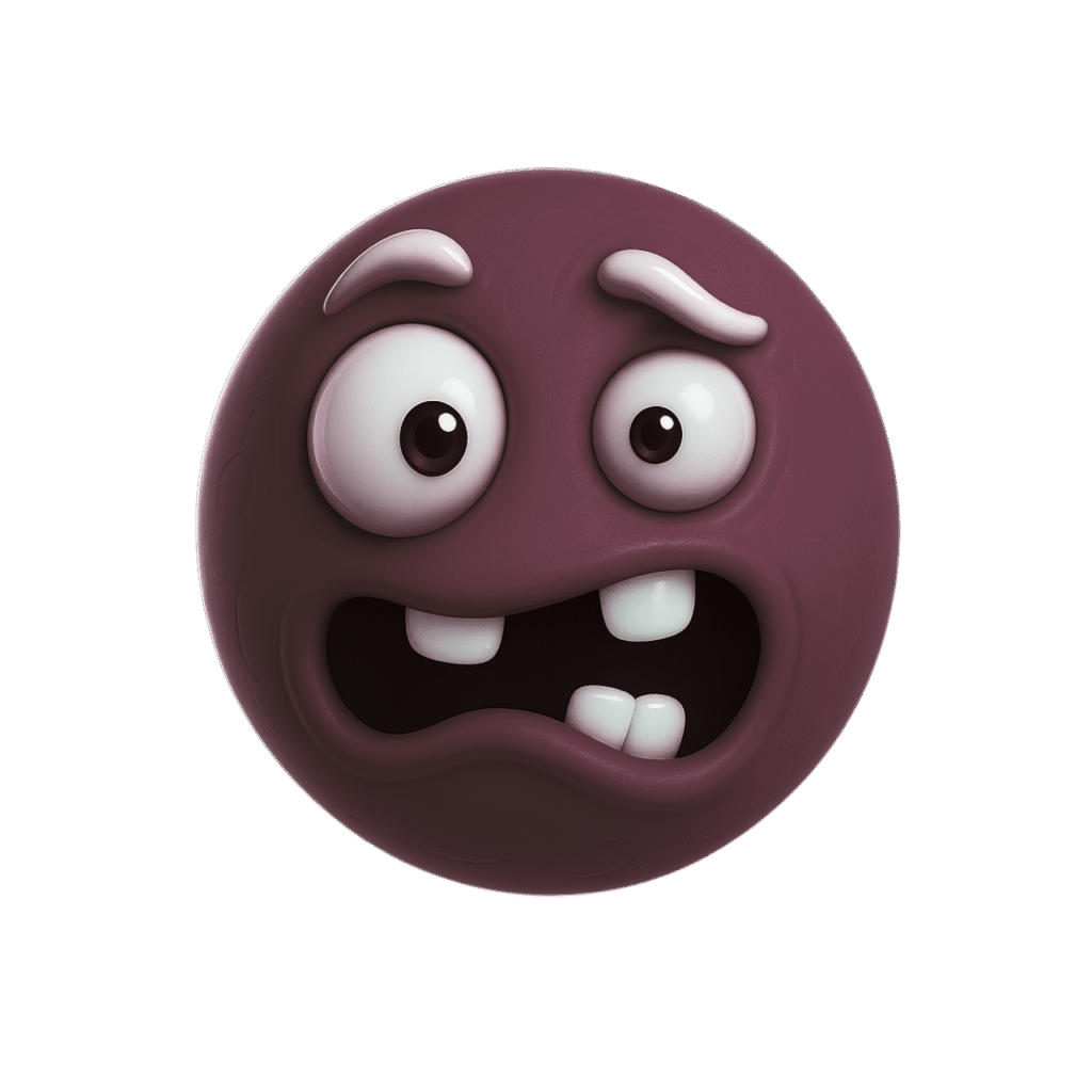 3D purple emoji with bulging eyes, raised brows, and quirky shocked face