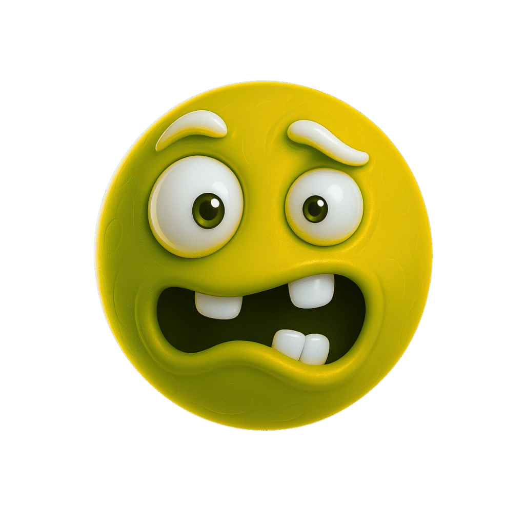 3D yellow emoji with bulging eyes, uneven teeth, and a quirky twisted mouth expression
