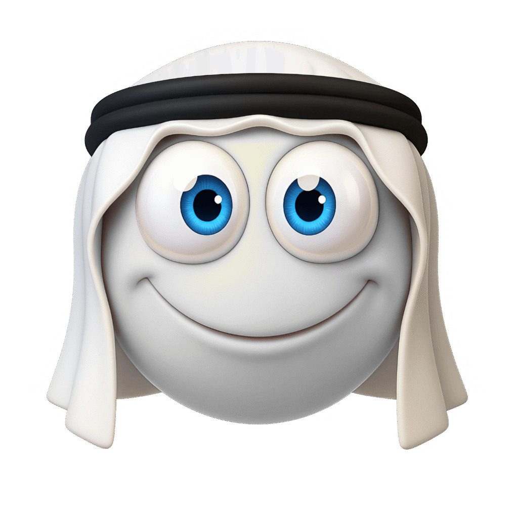 White Arabic smiley emoji with blue eyes, wearing a keffiyeh and agal, on a transparent background