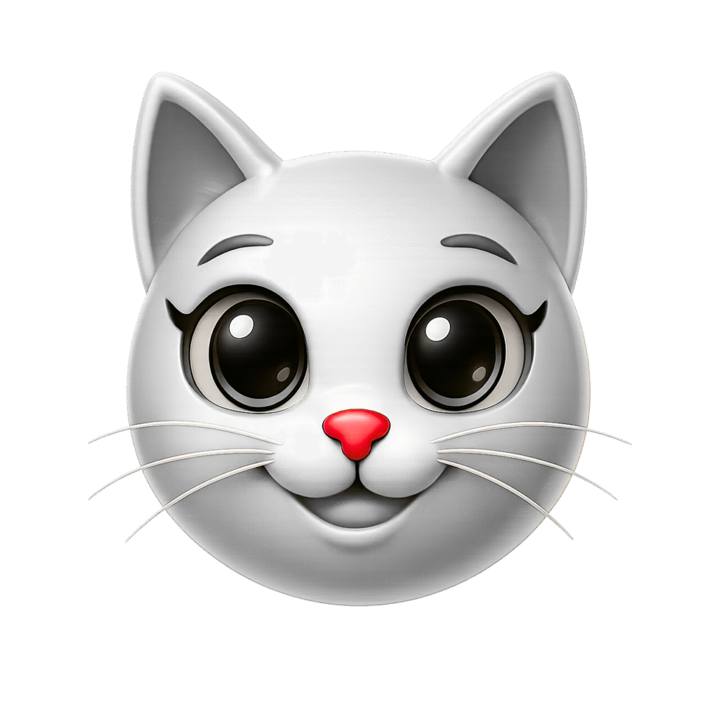 3D white cat face emoji with big round shiny black eyes, red heart-shaped nose, soft fur, and white whiskers on transparent background