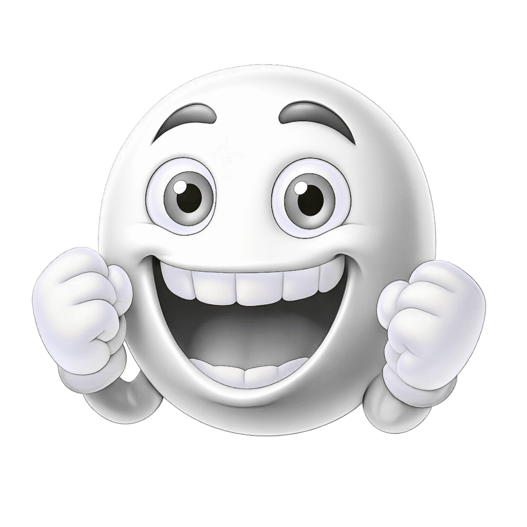White 3D Cheering Emoji with Raised Hands, Big Smile, and Joyful Expression – Transparent PNG Image