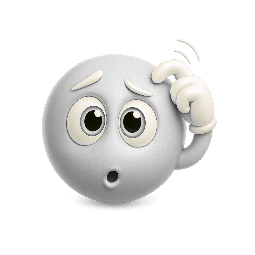 3D white emoji scratching head with confused face and raised eyebrows