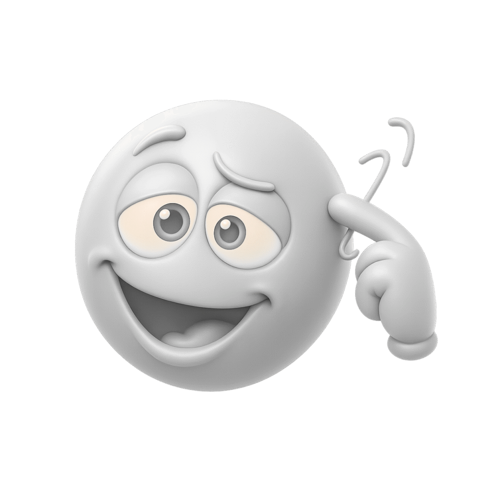 3D white emoji with a confused smirk, tilted head, wide cartoon eyes, and a finger making a crazy twirl on a transparent background.