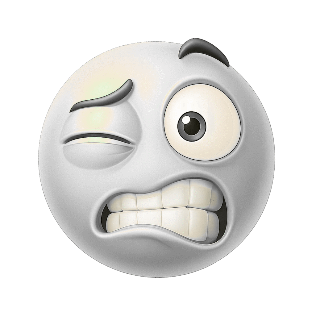 White emoji with one eye twitching closed, the other eye wide open, raised eyebrows, and clenched teeth expressing nervous tension or awkwardness