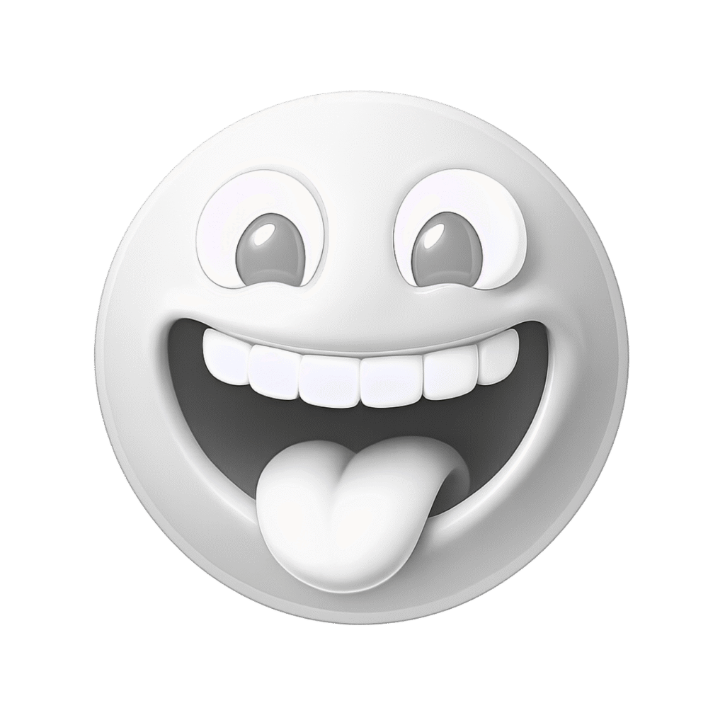 Funny 3D emoji PNG in white with a wide smile, big eyes, and tongue sticking out, perfect for playful and goofy reactions