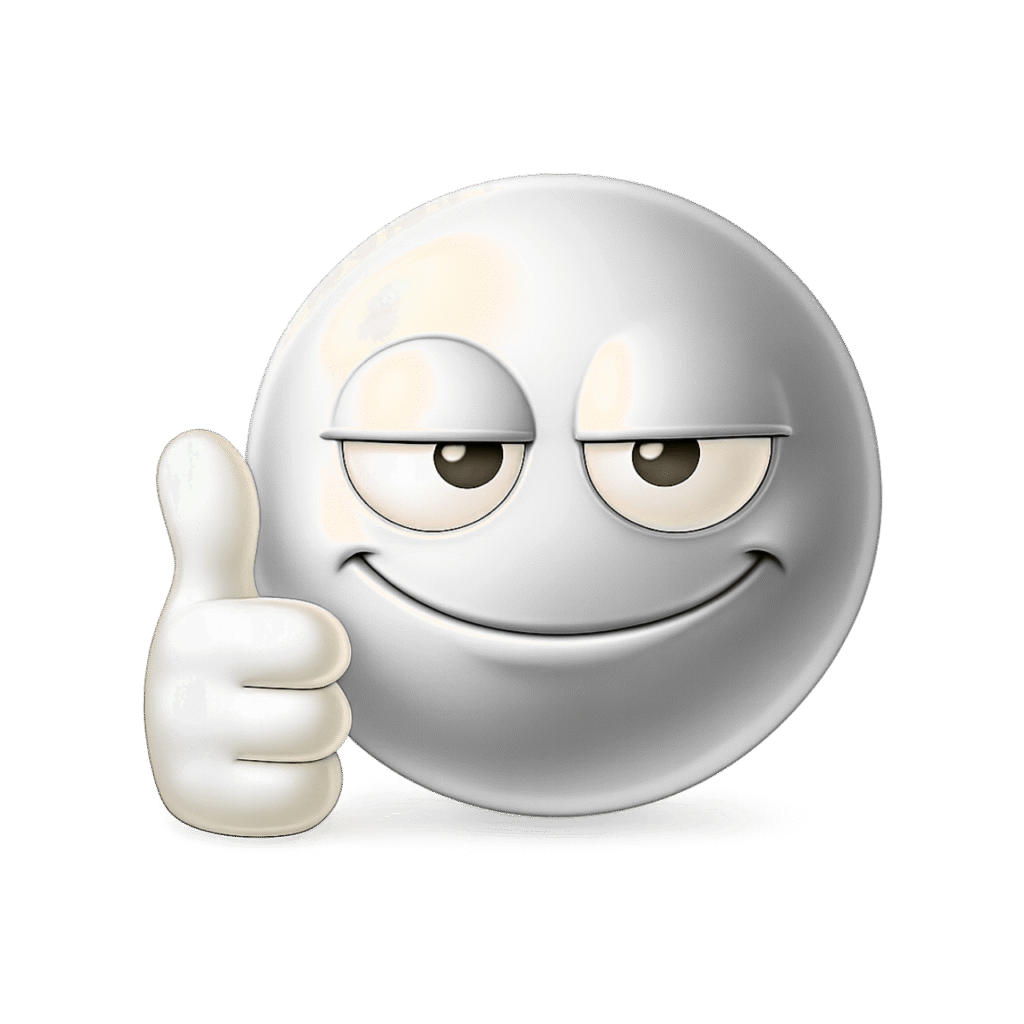 Smooth white 3D emoji with a confident smile and thumbs-up gesture on a transparent background