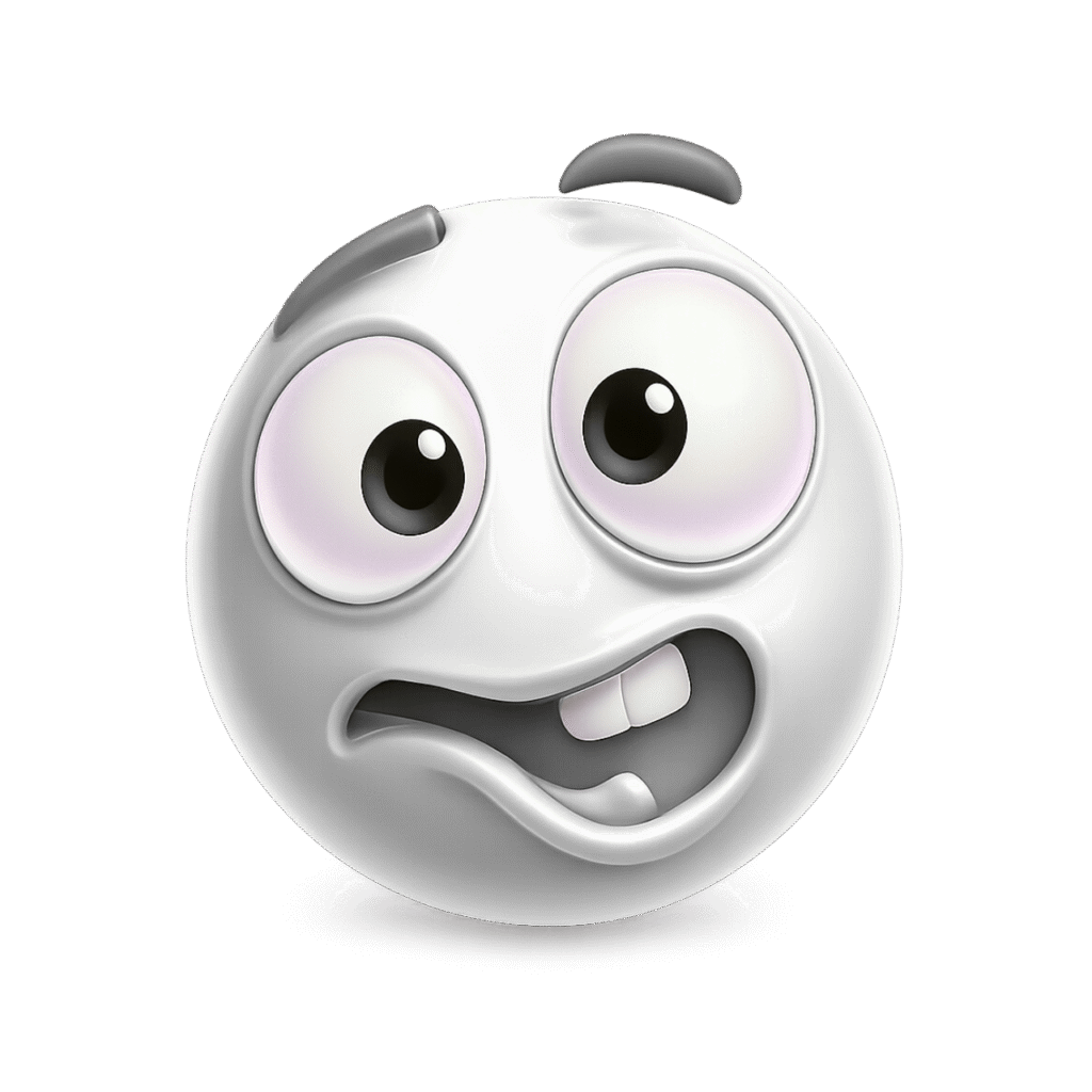 3D white goofy ahh emoji with bulging eyes, tilted eyebrows, and crooked mouth – transparent PNG for funny memes and chaotic reactions.