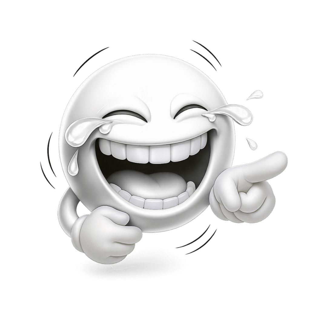 3D white emoji laughing with tears, pointing finger, wide open smile, glossy cartoon style, transparent background PNG