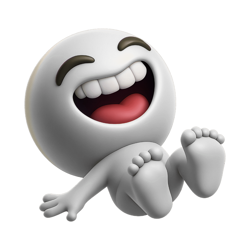 3D white laughing emoji with wide smile and eyes shut, rolling on the floor in joy, isolated on transparent background