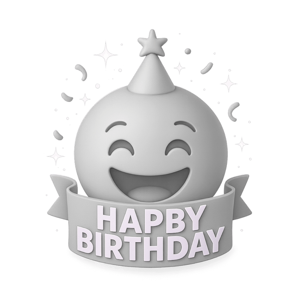 Minimalist white 3D emoji with smiling face, party hat, confetti, sparkles, and a “Happy Birthday” ribbon banner