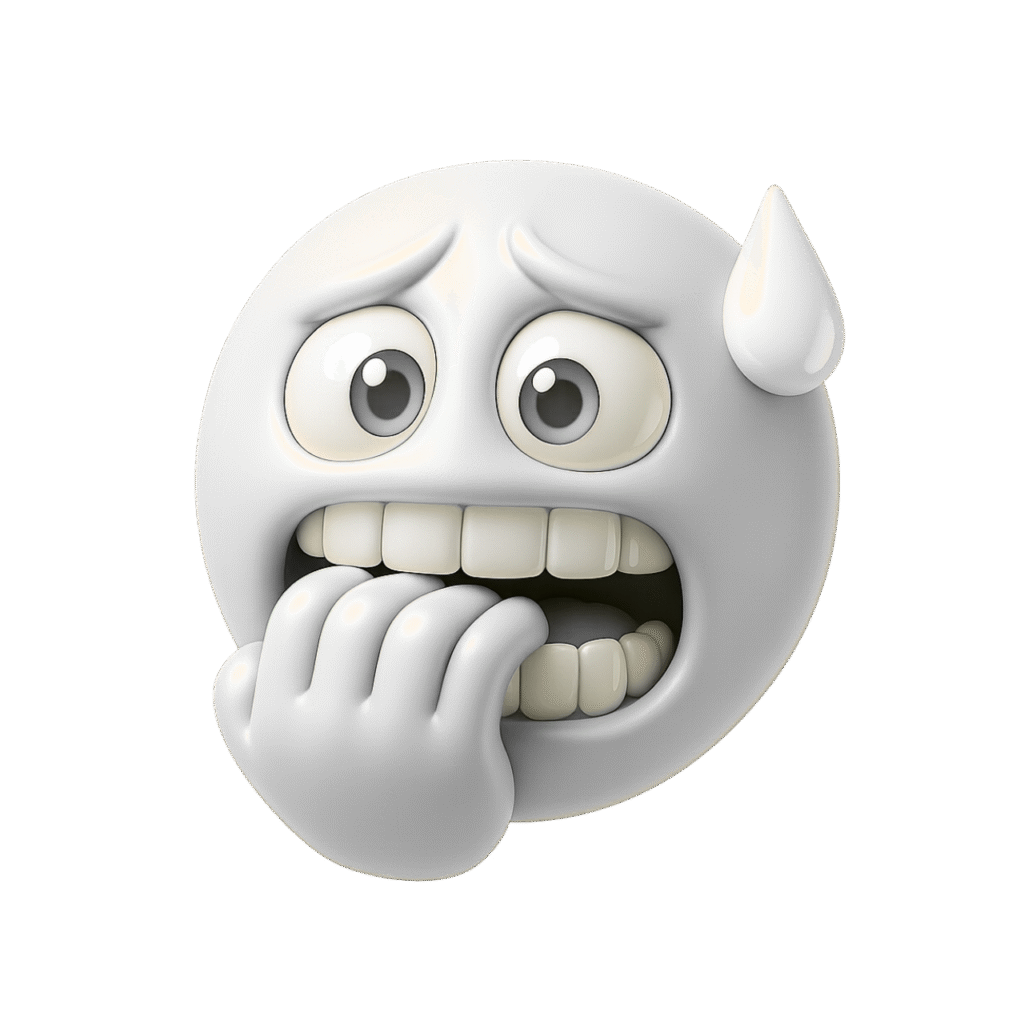 3D white emoji nervously biting nails with stressed eyes and sweat drop