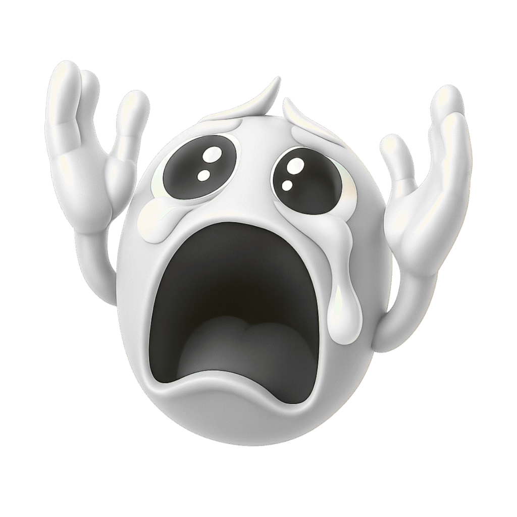 White 3D emoji with hands raised, wide mouth, and teardrops expressing screaming panic on transparent background