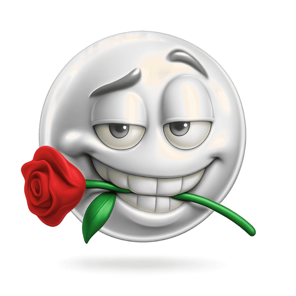 White flirty emoji with seductive eyes, holding a red rose in mouth, ideal for digital romance.