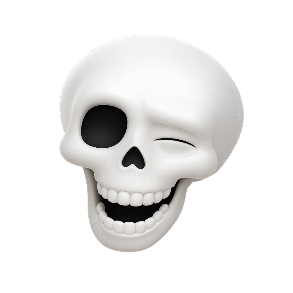 white skull emoji PNG with smiling teeth, transparent background, fun spooky clipart.