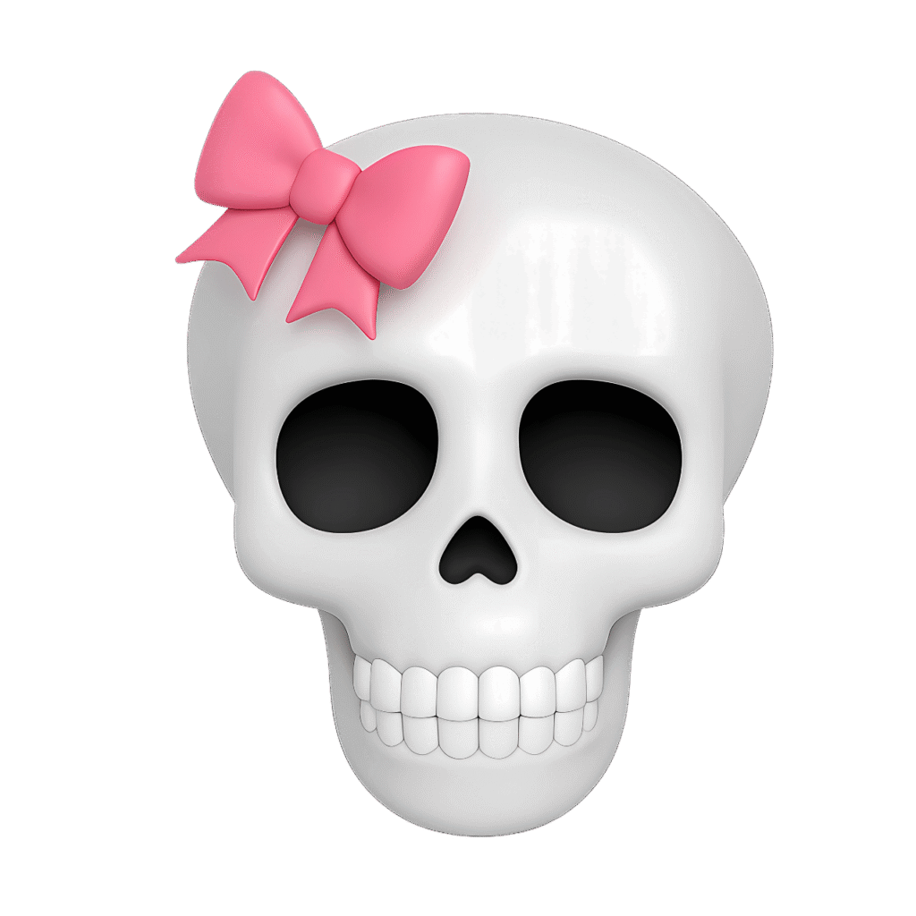 A white skull emoji featuring a bright pink bow on a transparent background – perfect for a blend of cute and creepy digital designs.