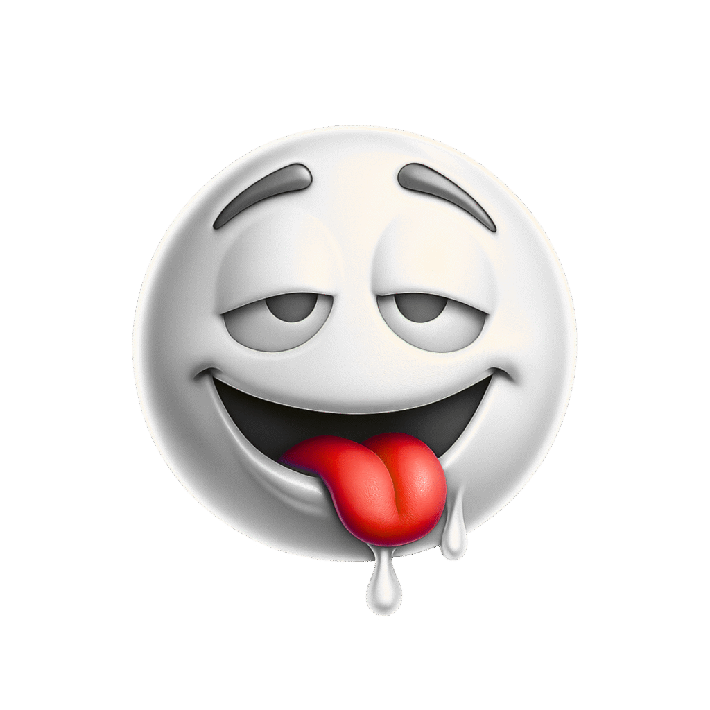 White 3D Slobber Emoji with Drooling Tongue and Sleepy Eyes – Transparent Background PNG