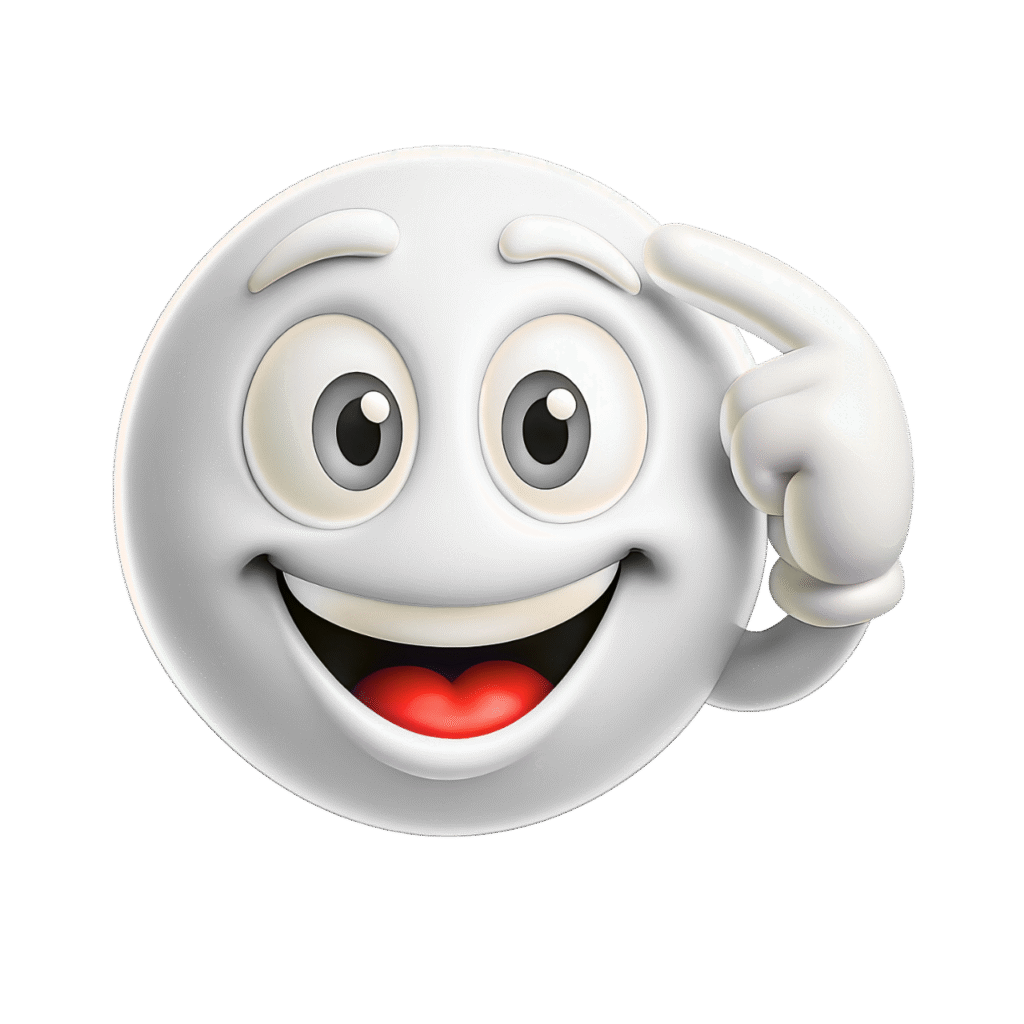 White smart emoji pointing to head with clever thinking expression and happy smile