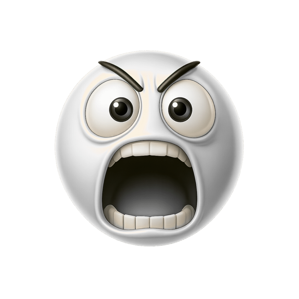 White angry yelling emoji in 3D with wide open mouth and raised eyebrows on transparent background