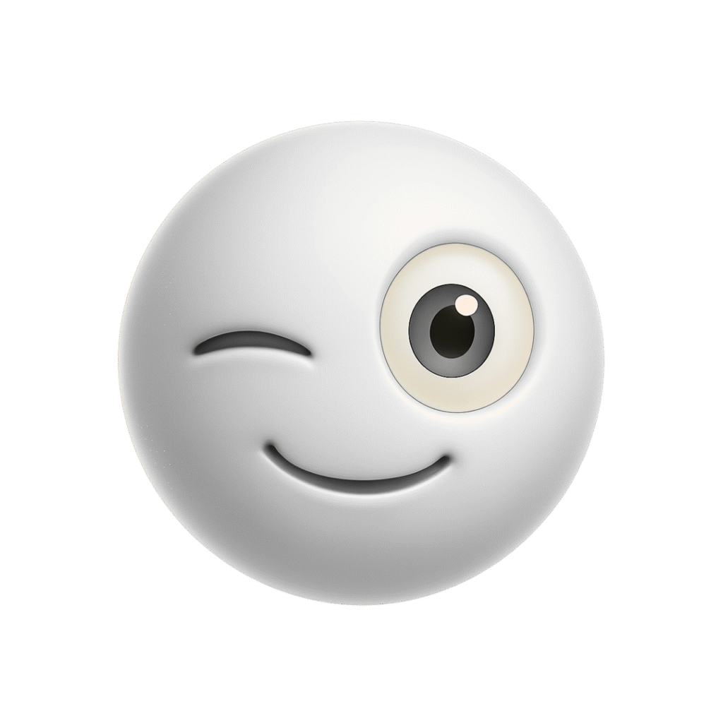 Glossy white 3D winking emoji face with playful smile and confident expression