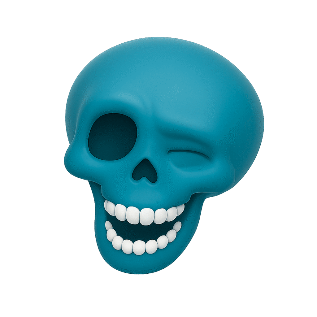 Winking blue skull emoji PNG with smiling teeth, transparent background, spooky fun clipart.