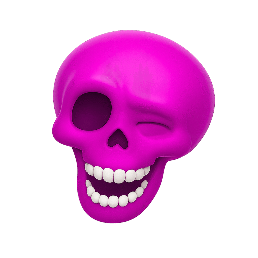 Winking pink skull emoji PNG with teeth showing, transparent background, clipart style.