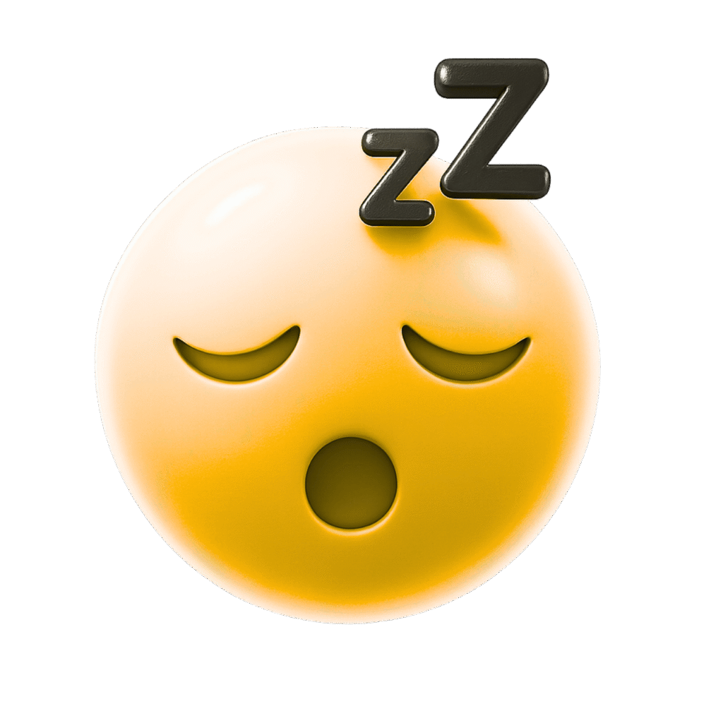 Yellow 3D Sleeping Emoji with Black Zzz and Glossy Finish on Transparent Background