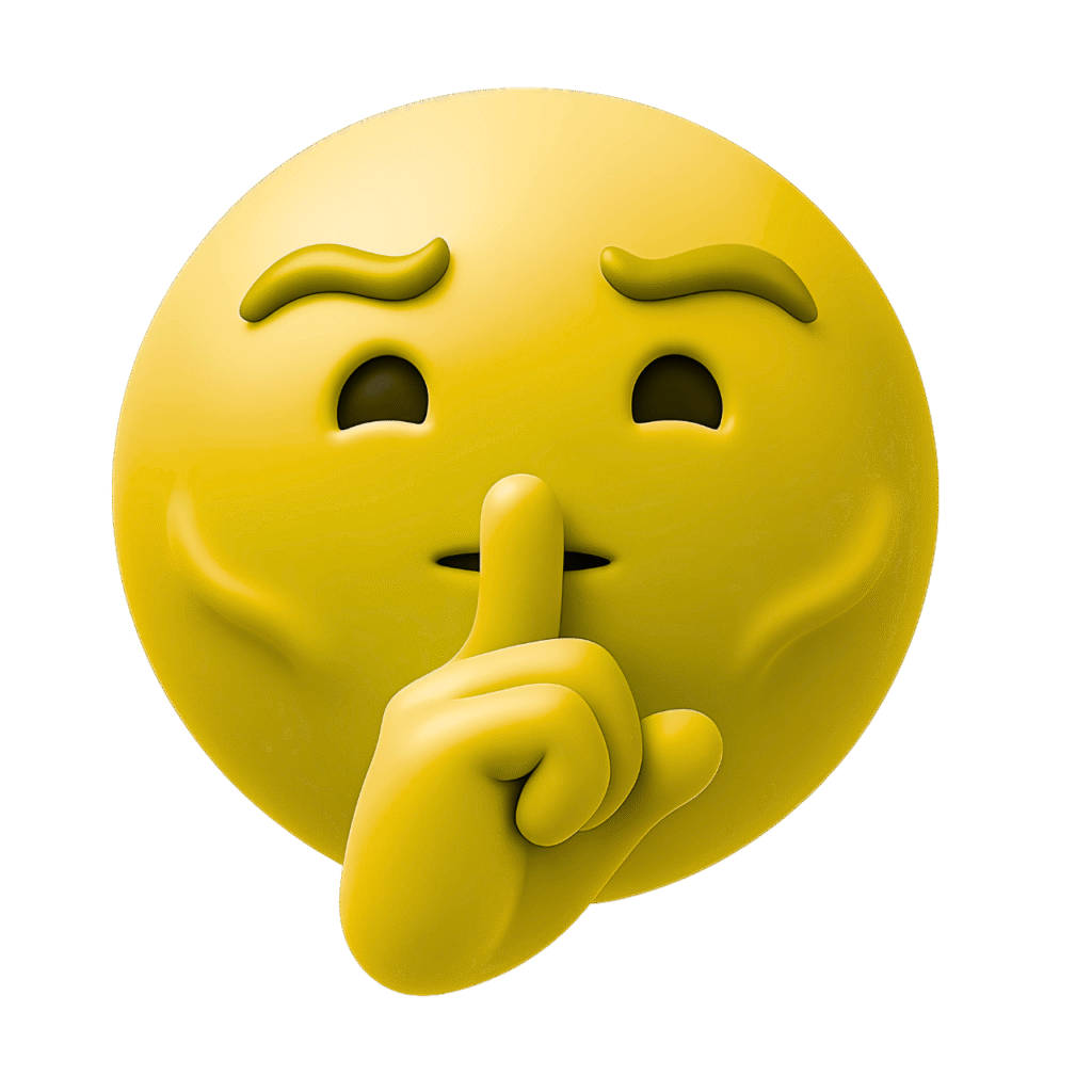 Yellow 3D emoji making a shh gesture with finger on lips, representing silence or confidentiality